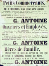 Affiche électorale adressée aux petits commerçants, ouvriers, employés et mères de famille pour le vote en faveur du candidat G. Antoine