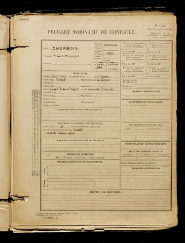 Dherbois, Albert François, né le 04 août 1898 à Démuin (Somme), classe 1918, matricule n° 160, Bureau de recrutement de Péronne