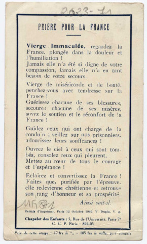 Ô Marie conçue sans péché, Priez pour la France !