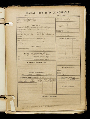 Kimber, François Joseph, né le 19 juillet 1898 à Paris 11e Arrondissement (Paris), classe 1918, matricule n° 175, Bureau de recrutement de Péronne