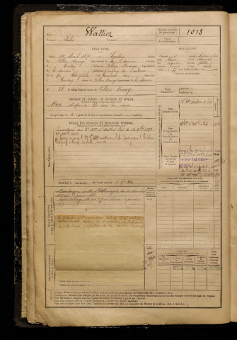 Wattiez, Jules, né le 12 avril 1872 à Contay (Somme), classe 1892, matricule n° 1018, Bureau de recrutement d'Amiens