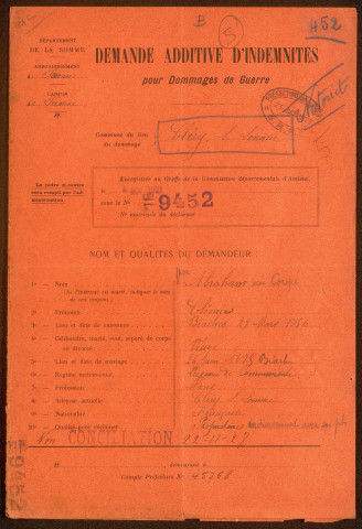 Cléry-sur-Somme. Demande d'indemnisation des dommages de guerre : dossier Abraham-Coupé