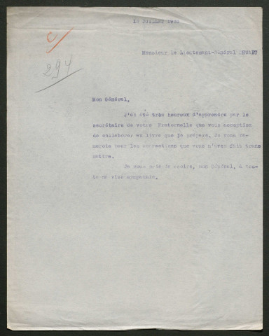 Témoignage de Dewaet, L. (Lieutenant général) et correspondance avec Jacques Péricard