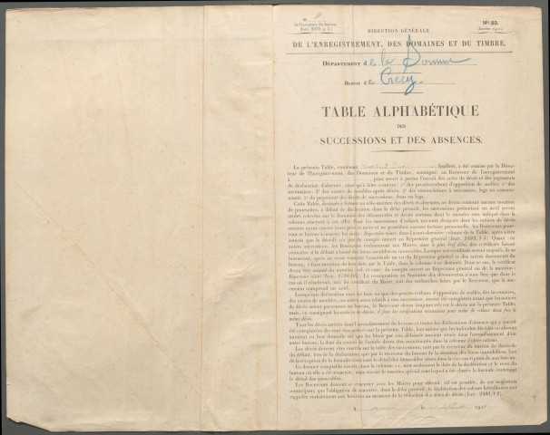 Table des successions et absences du bureau de Crécy-en-Ponthieu