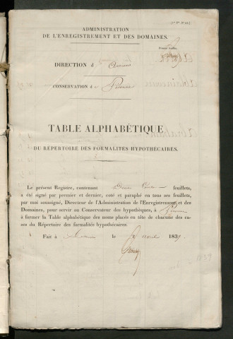 Table du répertoire des formalités, de Ablaincourt à Binan, registre n° 1 (Péronne)
