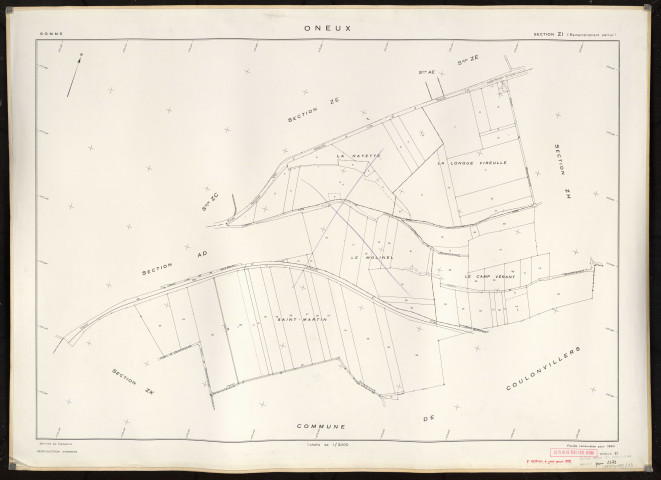 Plan du cadastre rénové - Oneux : section ZI