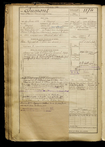 Dumont, Maurice Edmond Joseph, né le 10 février 1883 à Amiens (Somme), classe 1903, matricule n° 1174, Bureau de recrutement d'Amiens