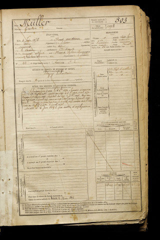 Müller, Gaston, né le 04 juin 1876 à Pont-Audemer (Eure), classe 1896, matricule n° 503, Bureau de recrutement d'Amiens