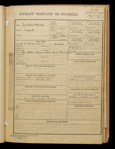 Dupontreué, Auguste, né le 25 juin 1893 à Amiens (Somme), classe 1913, matricule n° 1332, Bureau de recrutement d'Amiens
