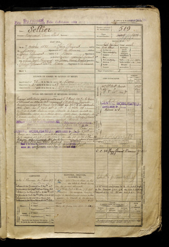 Sellier, Raymond Louis Albert, né le 07 octobre 1898 à Thézy-Glimont (Somme), classe 1918, matricule n° 519, Bureau de recrutement d'Amiens