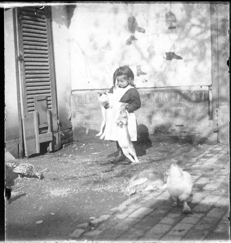 Portrait de fillette jouant avec son chat dans une basse-cour