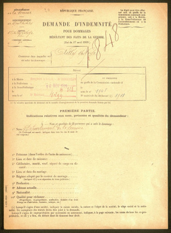 Ailly-sur-Noye. Demande d'indemnisation des dommages de guerre : dossier Département de la Somme (bibliothèque de la justice de paix)