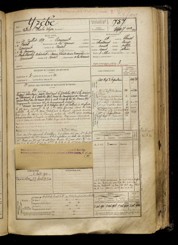 Yzèbe, Robert Charles Ulysse, né le 21 juillet 1889 à Hancourt (Somme), classe 1909, matricule n° 757, Bureau de recrutement de Péronne