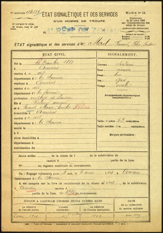 Morel, Fernand Félix Isidore, né le 16 décembre 1883 à Amiens (Somme), classe 1903, matricule n° 1296, Bureau de recrutement d'Amiens