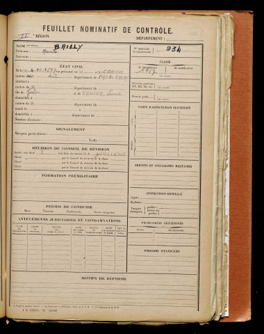 Bailly, Maurice, né le 04 octobre 1897 à Couin (Pas-de-Calais), classe 1917, matricule n° 934, Bureau de recrutement d'Abbeville