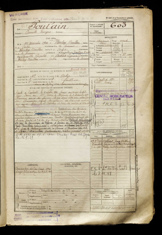 Poulain, Camille Georges, né le 14 novembre 1900 à Warloy-Baillon (Somme), classe 1920, matricule n° 603, Bureau de recrutement d'Amiens