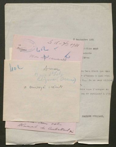 Témoignage de Amar, René Elie (Brancardier) et correspondance avec Jacques Péricard