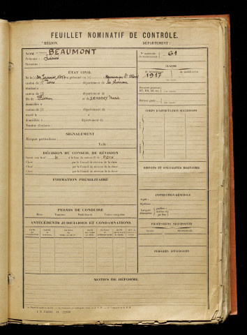 Beaumont, Désiré, né le 29 janvier 1897 à Hescamps (Somme), classe 1917, matricule n° 61, Bureau de recrutement d'Amiens