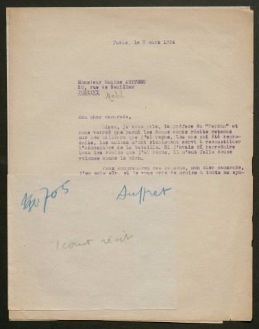 Témoignage de Auffret, Maximin et correspondance avec Jacques Péricard