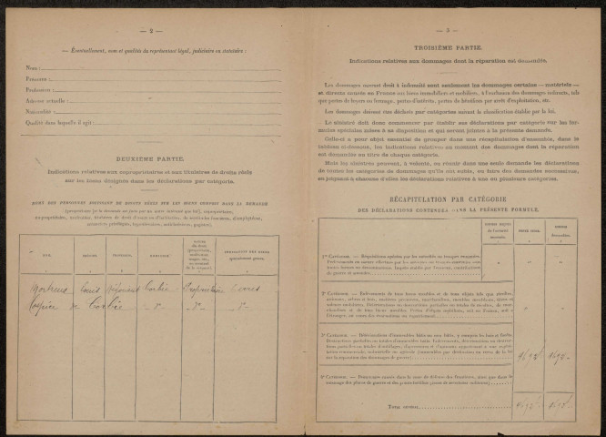 Corbie. Demande d'indemnisation des dommages de guerre : dossier Sellier-Tétart