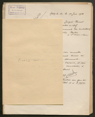 Témoignage de Picard, Henri et correspondance avec Jacques Péricard