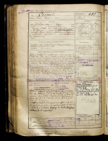 Crimet, Pierre Marie, né le 01 février 1900 à Lyon (Rhône), classe 1920, matricule n° 480, Bureau de recrutement d'Amiens