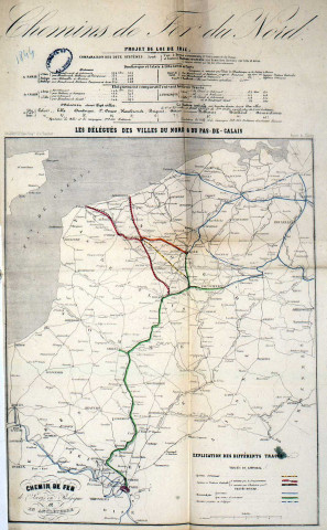 Chemin de fer du Nord. Projet de loi 1844. Explication des différents tracés. Chemin de fer de Paris en Belgique et en Angleterre