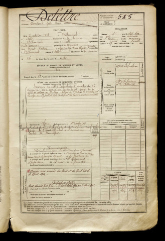 Delettre, Constant Jules Henri, né le 21 octobre 1883 à Béthencourt-sur-Mer (Somme), classe 1903, matricule n° 585, Bureau de recrutement d'Abbeville