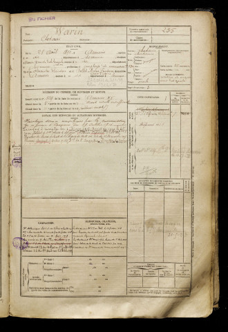 Warin, Clotaire, né le 28 août 1892 à Amiens (Somme), classe 1912, matricule n° 255, Bureau de recrutement d'Amiens