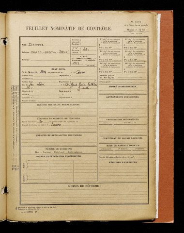Darras, Marcel Gaston Henri, né le 16 août 1897 à Boves (Somme), classe 1917, matricule n° 224, Bureau de recrutement d'Amiens