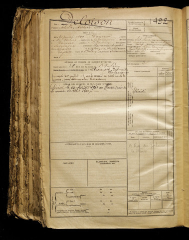 Deloison, Achille Arthur, né le 21 juin 1897 à Cayeux-sur-Mer (Somme), classe 1917, matricule n° 1492, Bureau de recrutement d'Abbeville