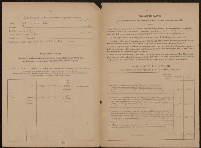 Etricourt-Manancourt. Demande d'indemnisation des dommages de guerre : dossier Gosset Edmond