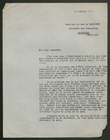 Témoignage de Bus (du) de Warnaffe, Charles (Ministre des transports) et correspondance avec Jacques Péricard