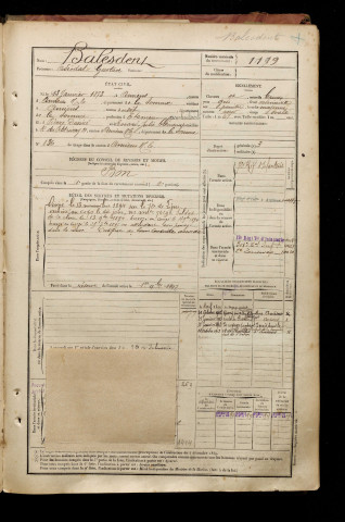 Balesdent, Adéodat Gustave, né le 13 janvier 1873 à Amiens (Somme), classe 1893, matricule n° 1119, Bureau de recrutement d'Amiens