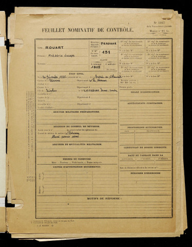 Rouart, Frédéric Joseph, né le 20 décembre 1885 à Estrées-Mons (Somme), classe 1905, matricule n° 131, Bureau de recrutement de Péronne