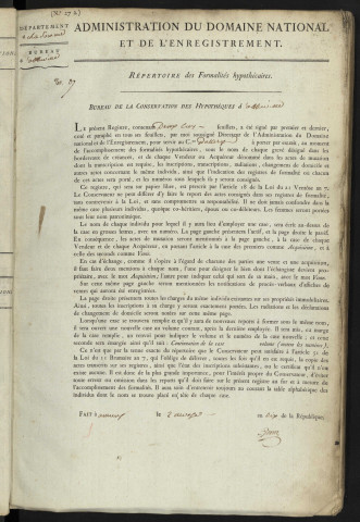 Répertoire des formalités hypothécaires, du 23 frimaire an XI au 5 ventôse an XI, registre n° 037 (Abbeville)
