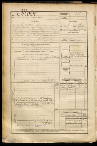 Moïse, Casimir Nicolas Théophile, né le 05 mars 1865 à Caours (Somme), classe 1885, matricule n° 333, Bureau de recrutement d'Abbeville