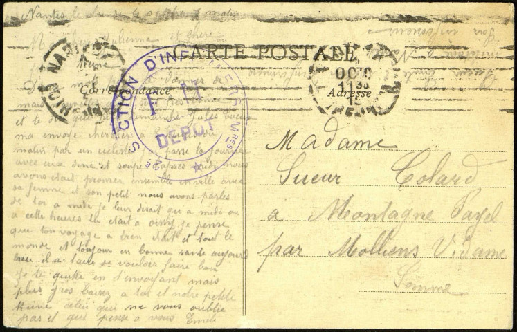 Carte postale "Cathédrale de Nantes" adressée par Emile Sueur (1886-1948) à Julienne Colard (1887-1974)