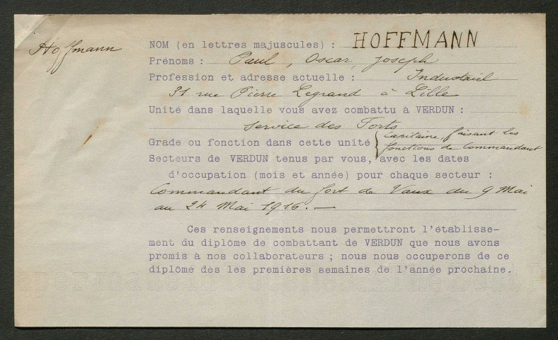 Témoignage de Hoffmann, Paul (Capitaine) et correspondance avec Jacques Péricard