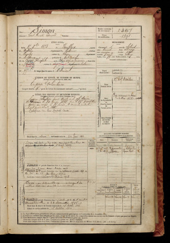 Simon, Louis Amédée Edouard, né le 15 décembre 1873 à Hombleux (Somme), classe 1893, matricule n° 1367, Bureau de recrutement d'Amiens