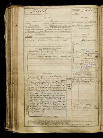 Alart, Ernest Eugène Polycarpe, né le 27 mai 1885 à Amiens (Somme), classe 1905, matricule n° 1416, Bureau de recrutement d'Amiens