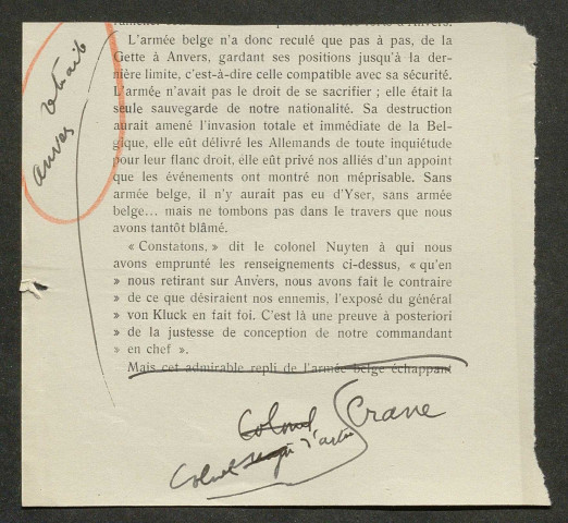 Témoignage de Crame (Major d'artillerie) et correspondance avec Jacques Péricard