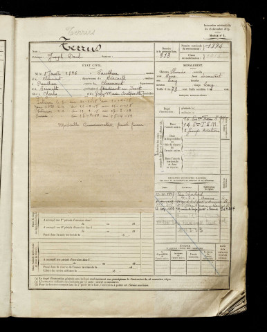 Terrus, Joseph Paul, né le 08 janvier 1896 à Paulhan (Hérault), classe 1916, matricule n° 1874, Bureau de recrutement d'Amiens
