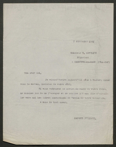 Témoignage de Cavelier, H. et correspondance avec Jacques Péricard
