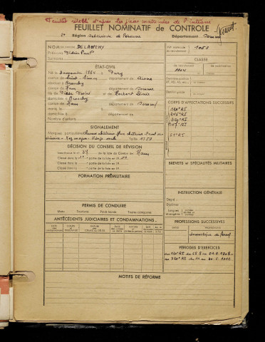 Delanchy, Didier Paul, né le 03 novembre 1884 à Dury (Aisne), classe 1904, matricule n° 1059, Bureau de recrutement de Péronne