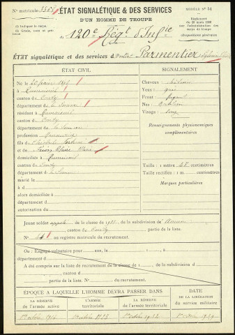 Parmentier, Sylvain Théodule, né le 20 février 1891 à Rumaisnil (Somme), classe 1911, matricule n° 44, Bureau de recrutement d'Amiens