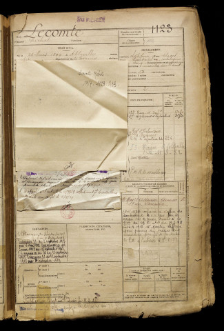 Lecomte, Michel, né le 26 mars 1897 à Abbeville (Somme), classe 1917, matricule n° 1123, Bureau de recrutement d'Abbeville