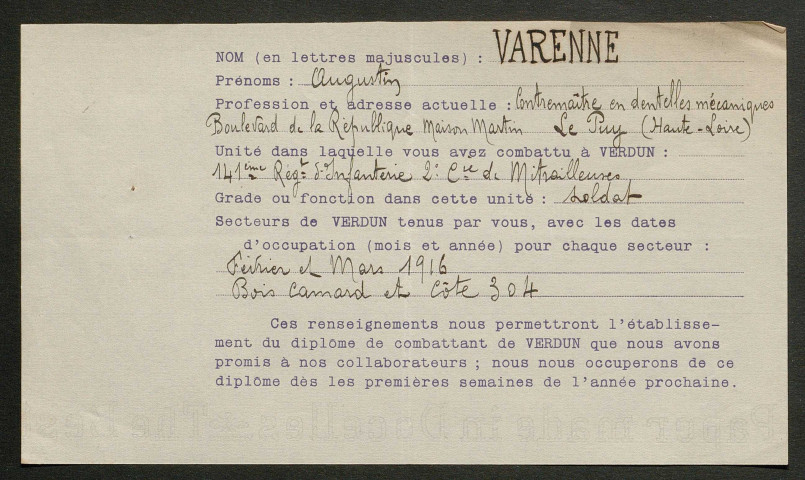 Témoignage de Varenne, Augustin et correspondance avec Jacques Péricard