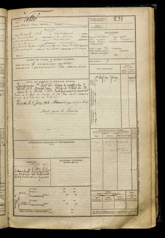 Velle, Oswald Désiré Arsène, né le 14 août 1896 à Davenescourt (Somme), classe 1916, matricule n° 231, Bureau de recrutement de Péronne