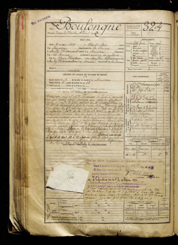 Boulongne, Raoul Charles Albert, né le 09 mai 1899 à Hautvillers-Ouville (Somme), classe 1919, matricule n° 324, Bureau de recrutement d'Abbeville